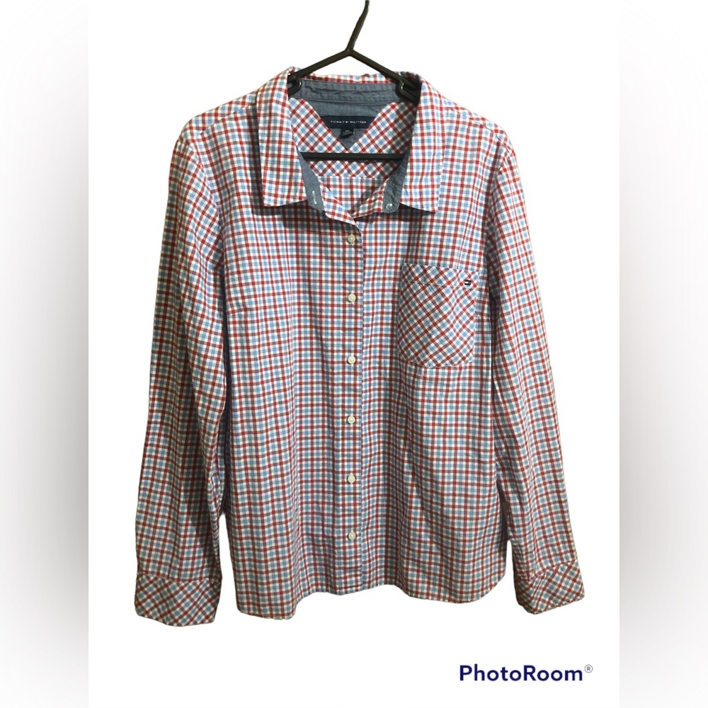 TOMMY HILFIGER Women’s Plaid Roll Tab Sleeve Button Down Shirt Sz XXL